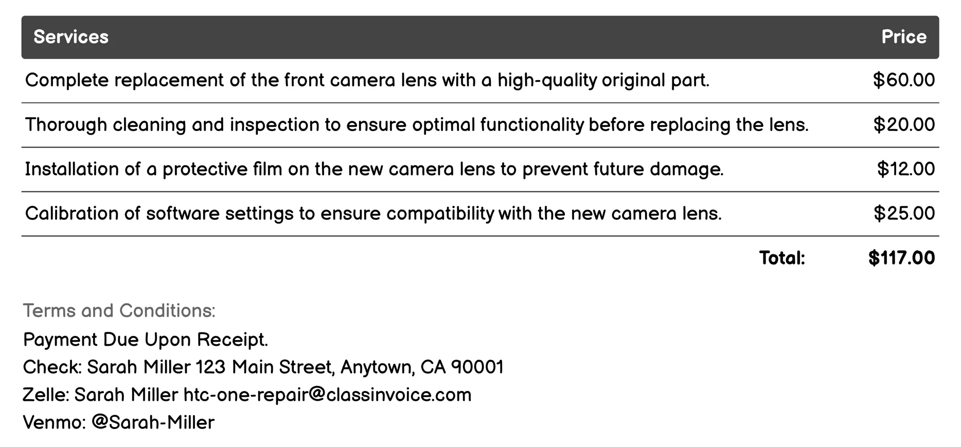 Camera Lens Replacement Invoice Example