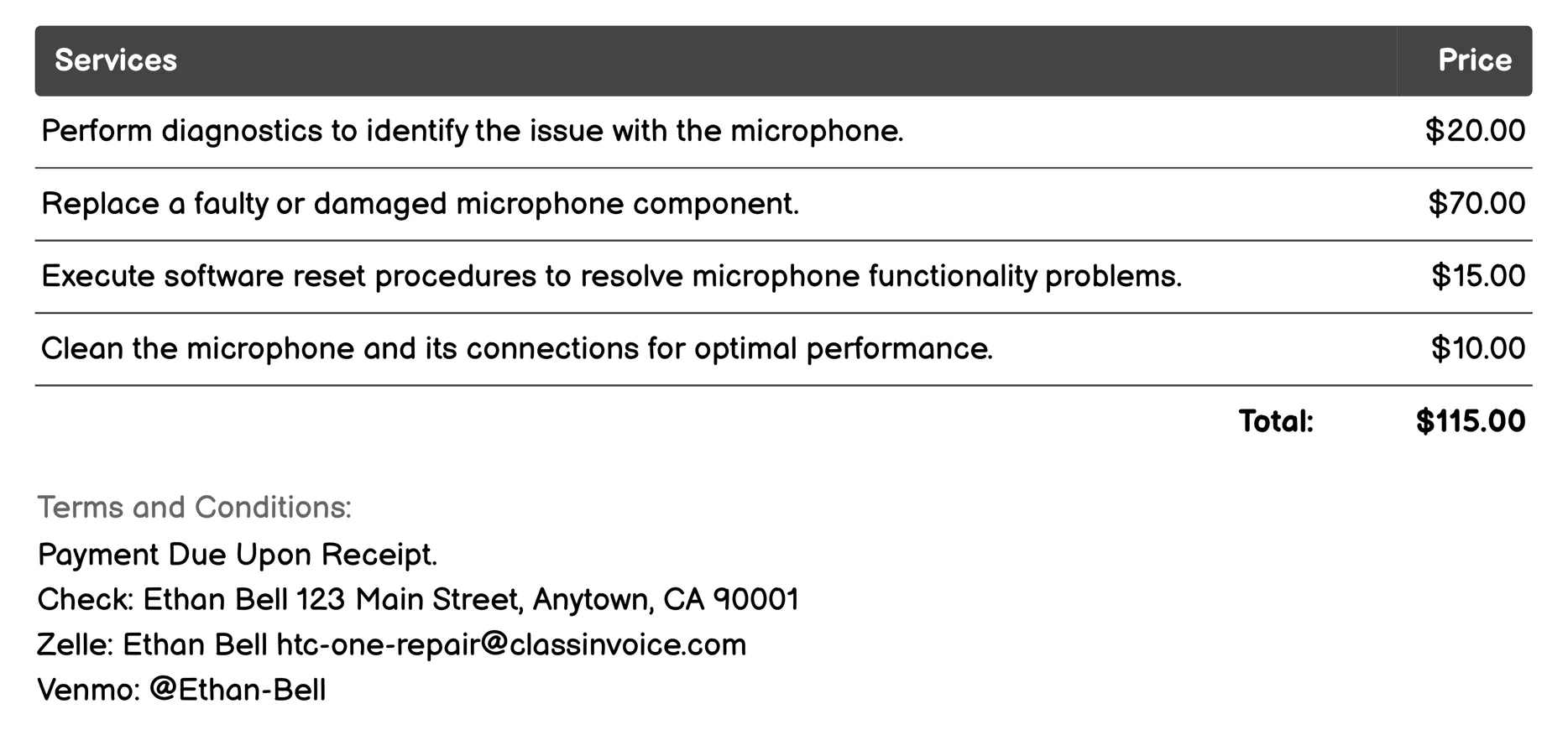 Microphone Repair Invoice Example