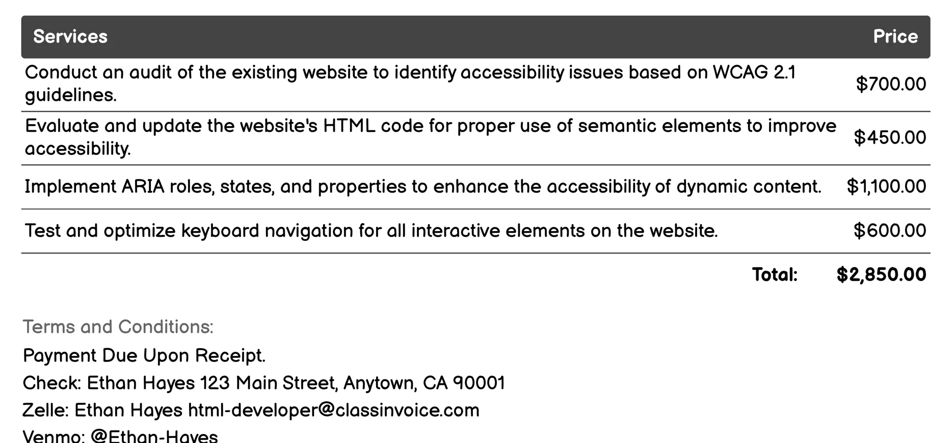 Accessibility Compliance Invoice Example