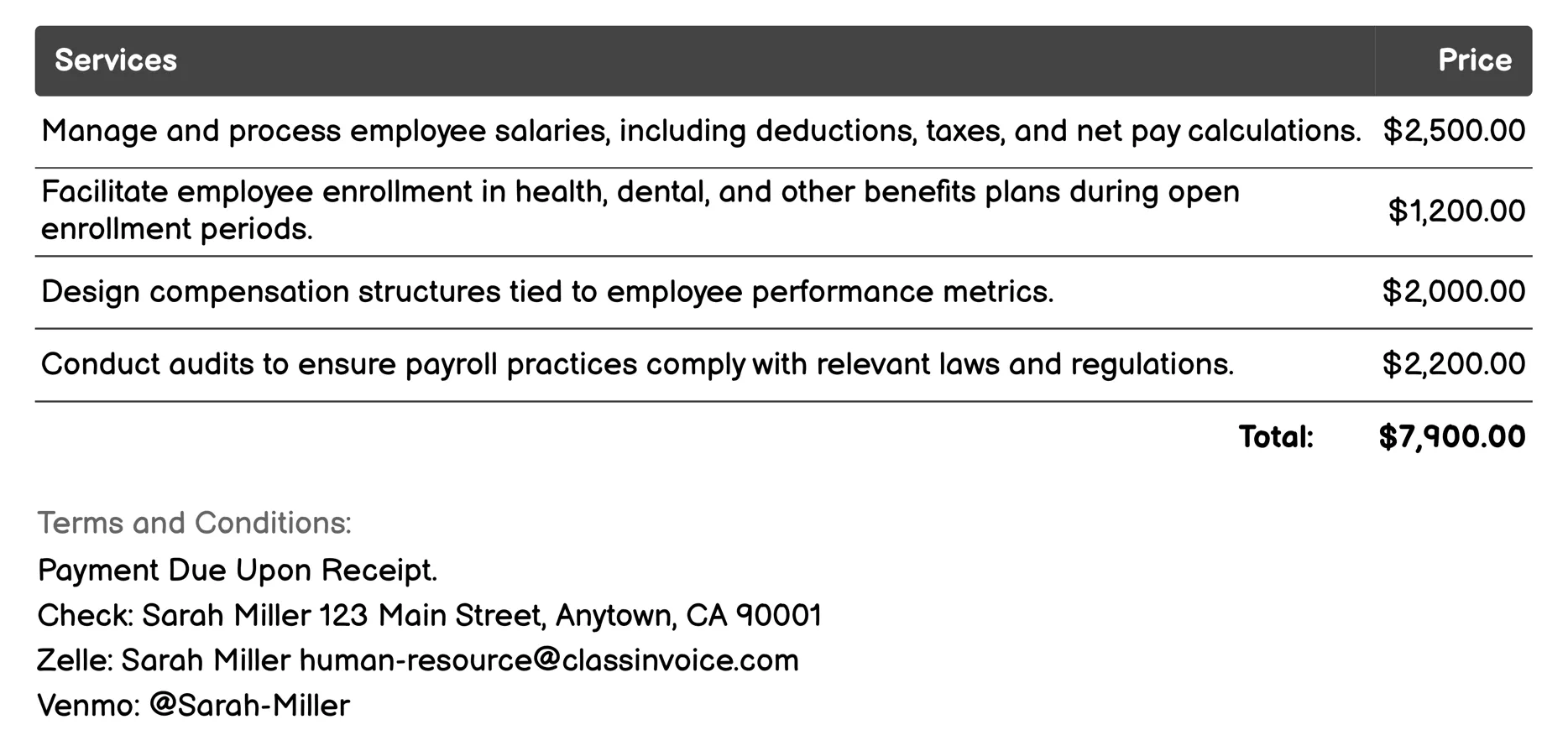 Compensation and Benefits Invoice Example