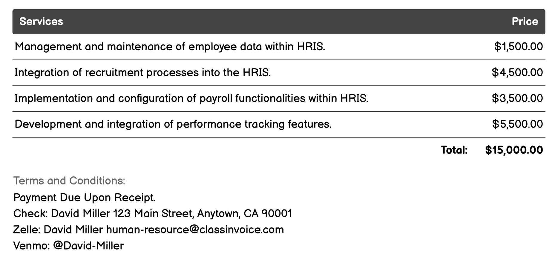 HR Information Systems (HRIS) Invoice Example