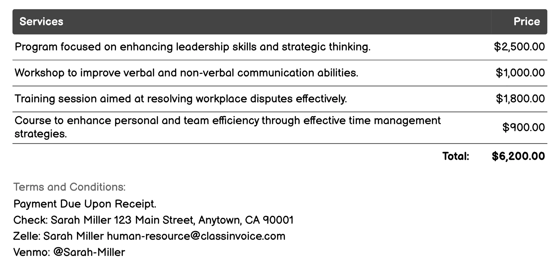 Training and Development Invoice Example