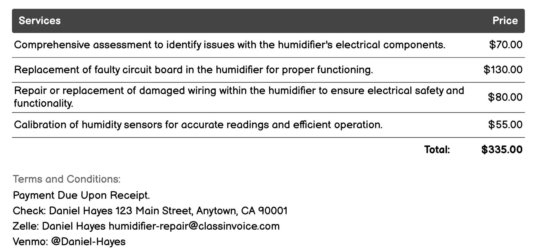 Electrical Repair Invoice Example