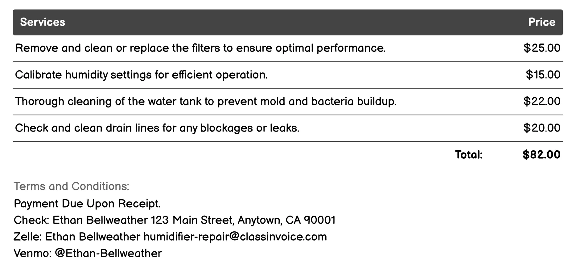 Routine Maintenance Invoice Example