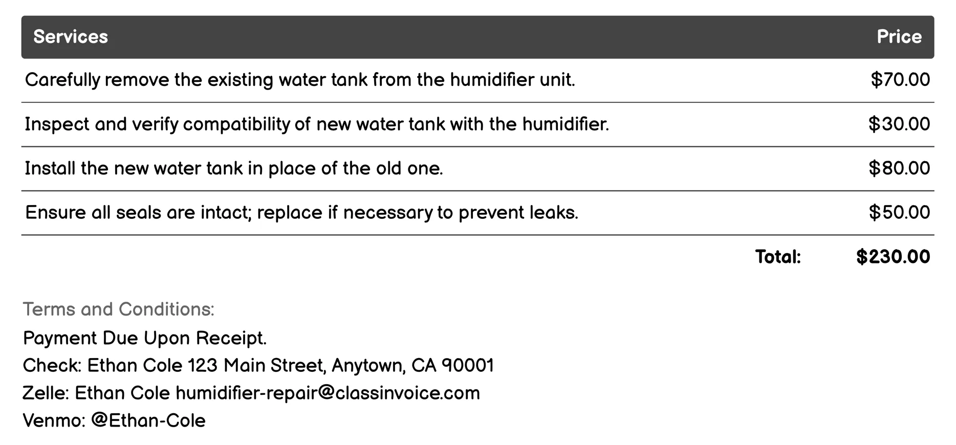 Water Tank Replacement Invoice Example