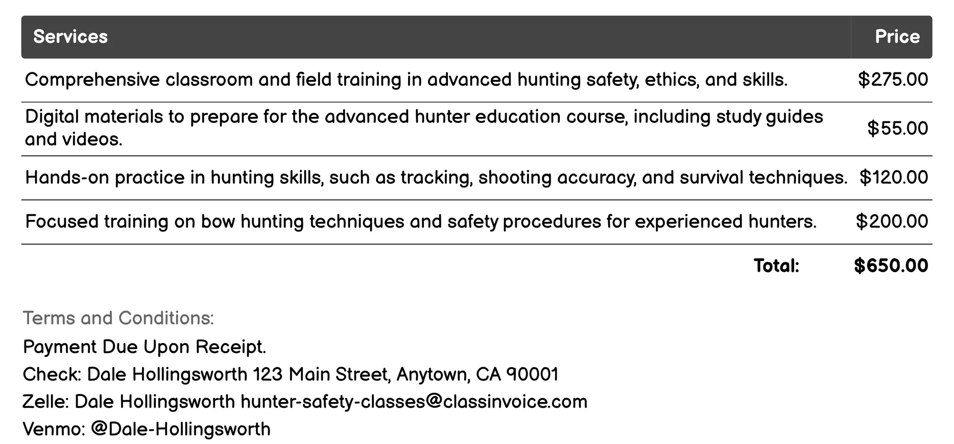 Advanced Hunter Education Invoice Example