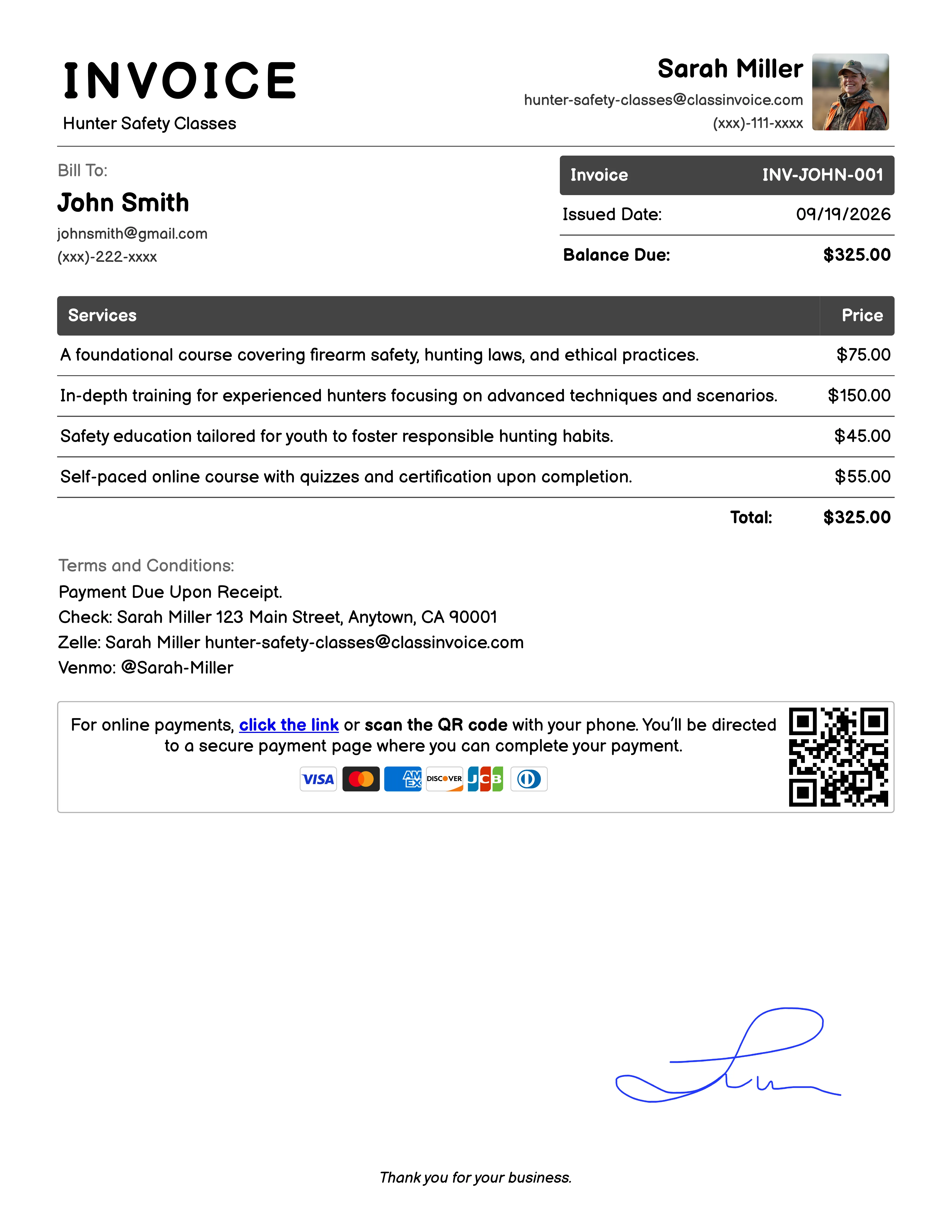 Hunter Safety Classes Invoice Example