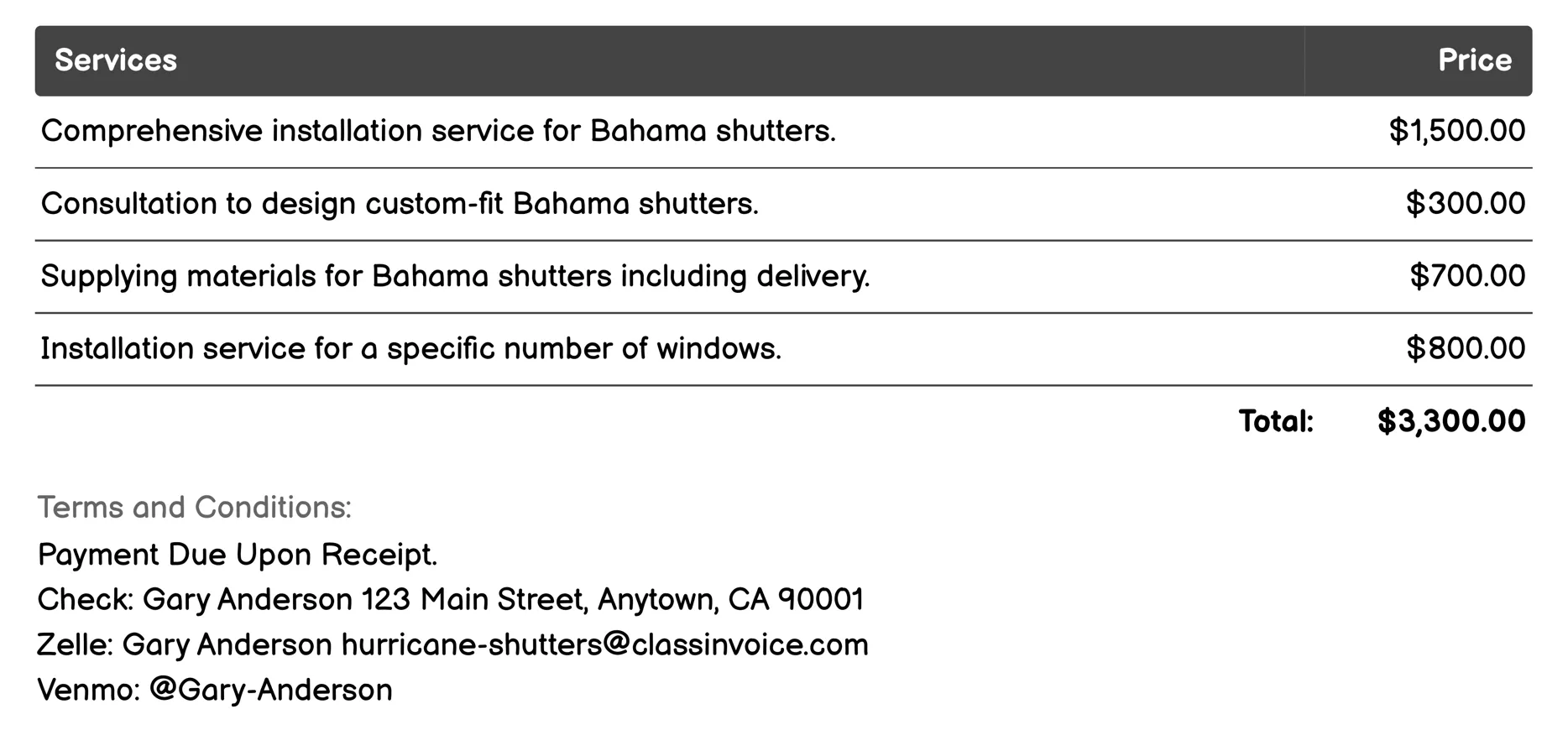 Bahama Shutters Invoice Example