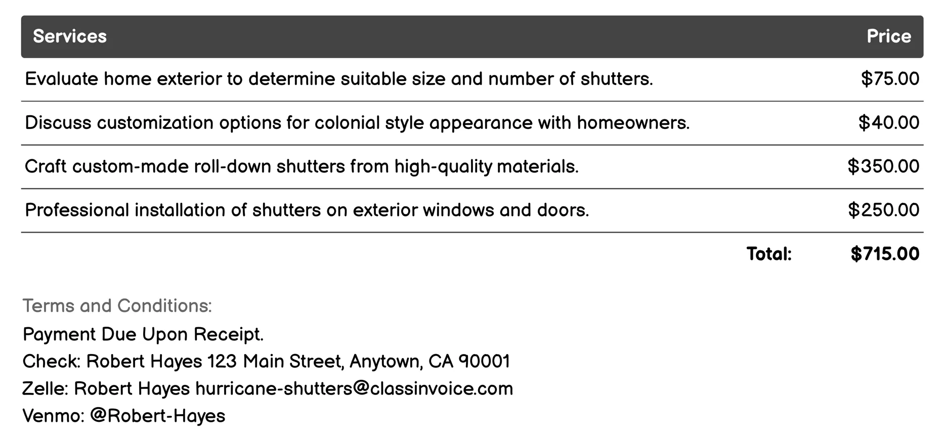 Colonial Style Roll-Down Shutters Invoice Example