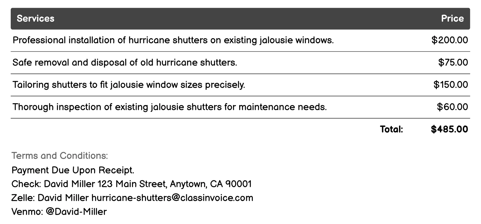 Jalousie Shutters Invoice Example