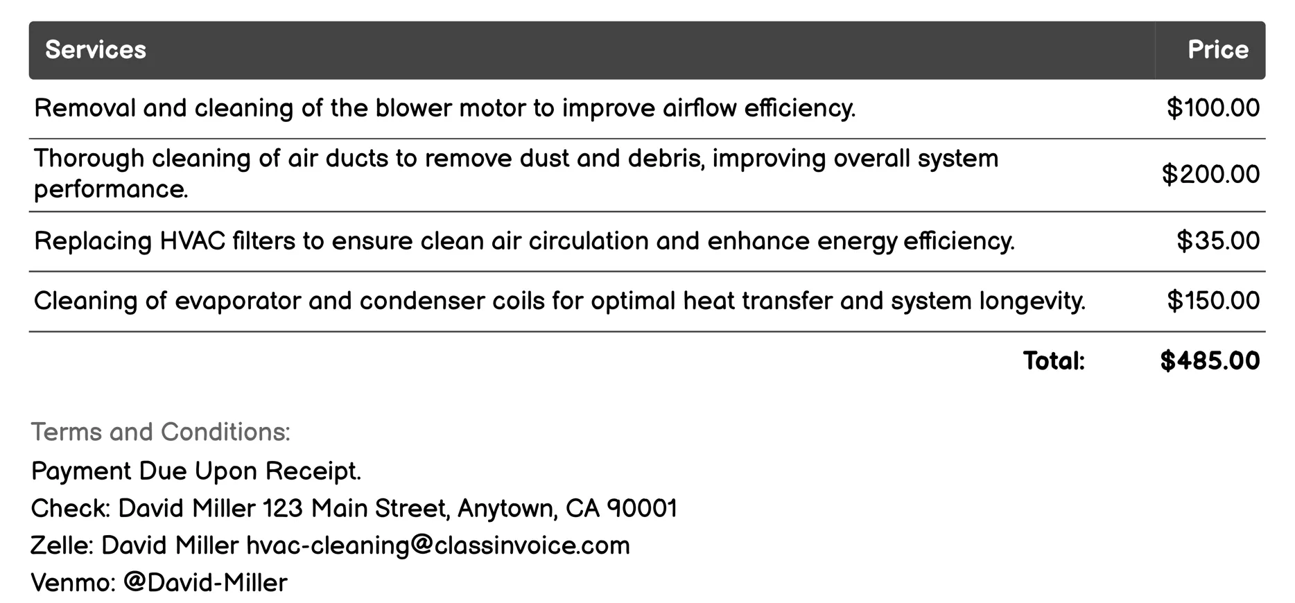 Blower Motor Cleaning Invoice Example