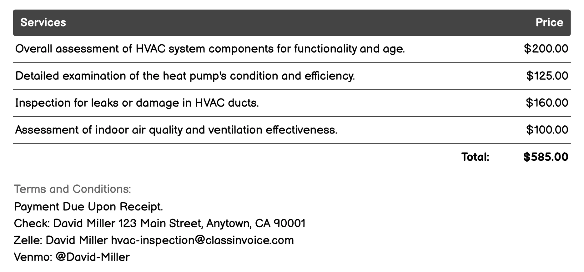 Pre-Purchase HVAC Inspection Invoice Example