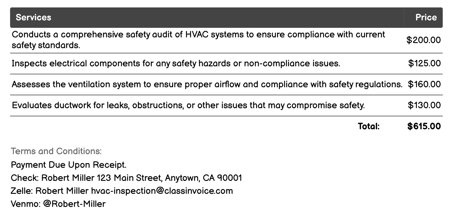 Safety Compliance Check Invoice Example