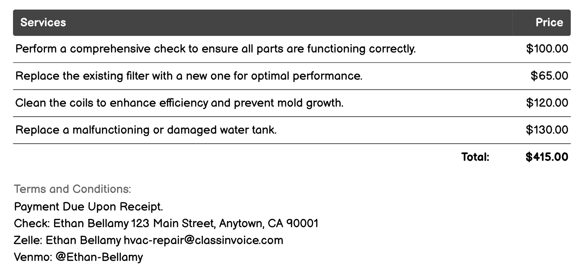 Humidifier/Dehumidifier Repair Invoice Example