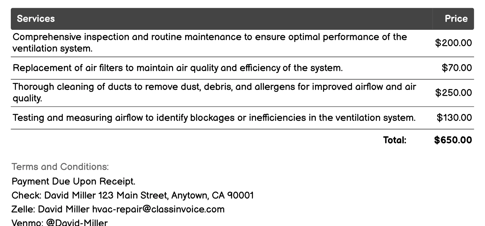 Ventilation System Service Invoice Example