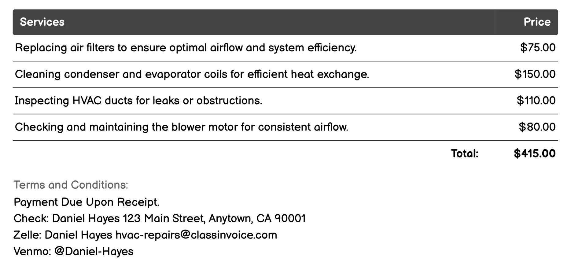 Preventive Maintenance Services Invoice Example