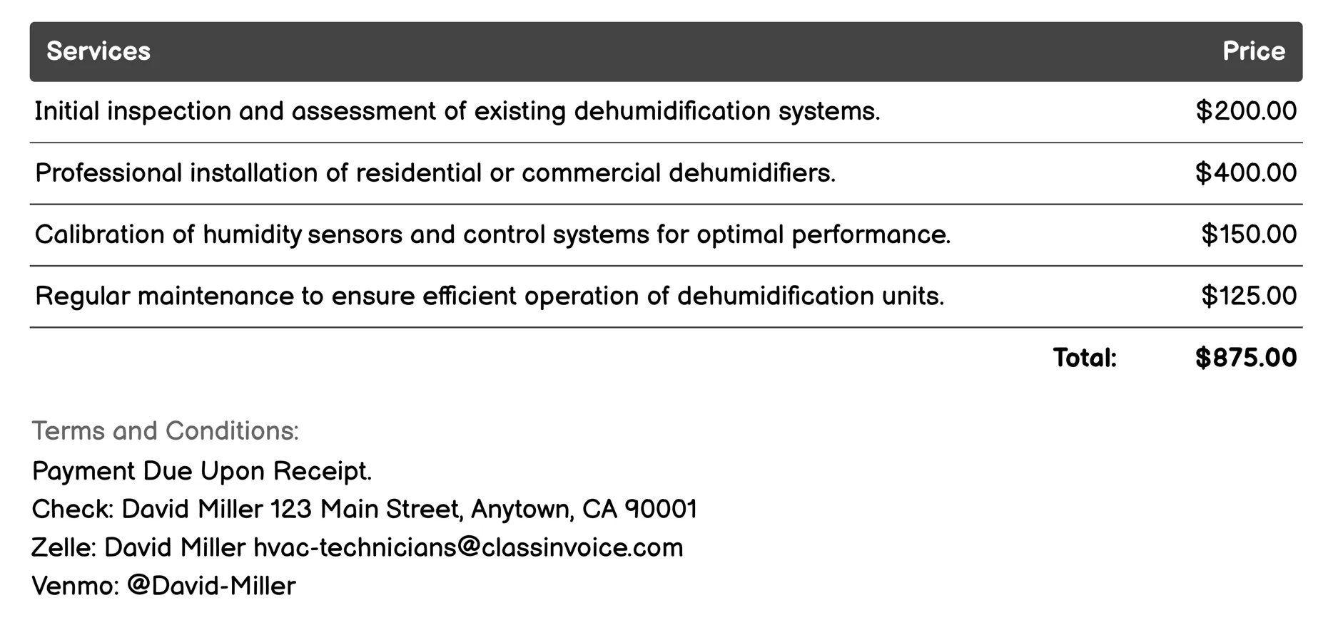 Dehumidification Services Invoice Example