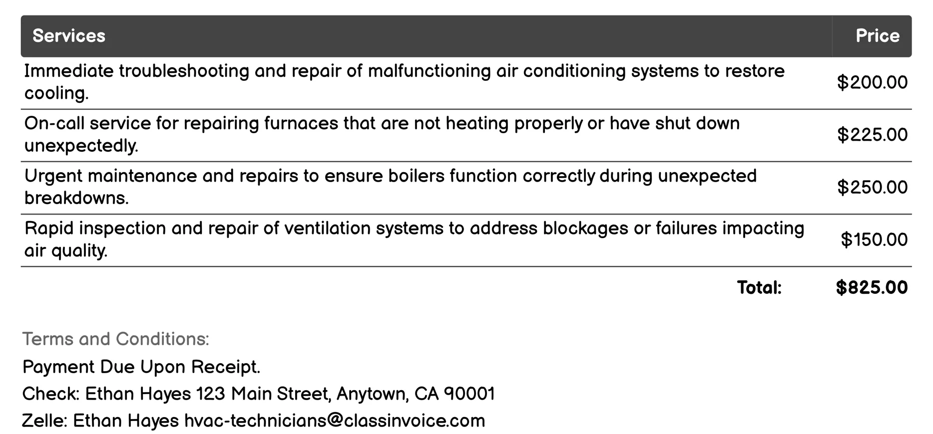Emergency Services Invoice Example