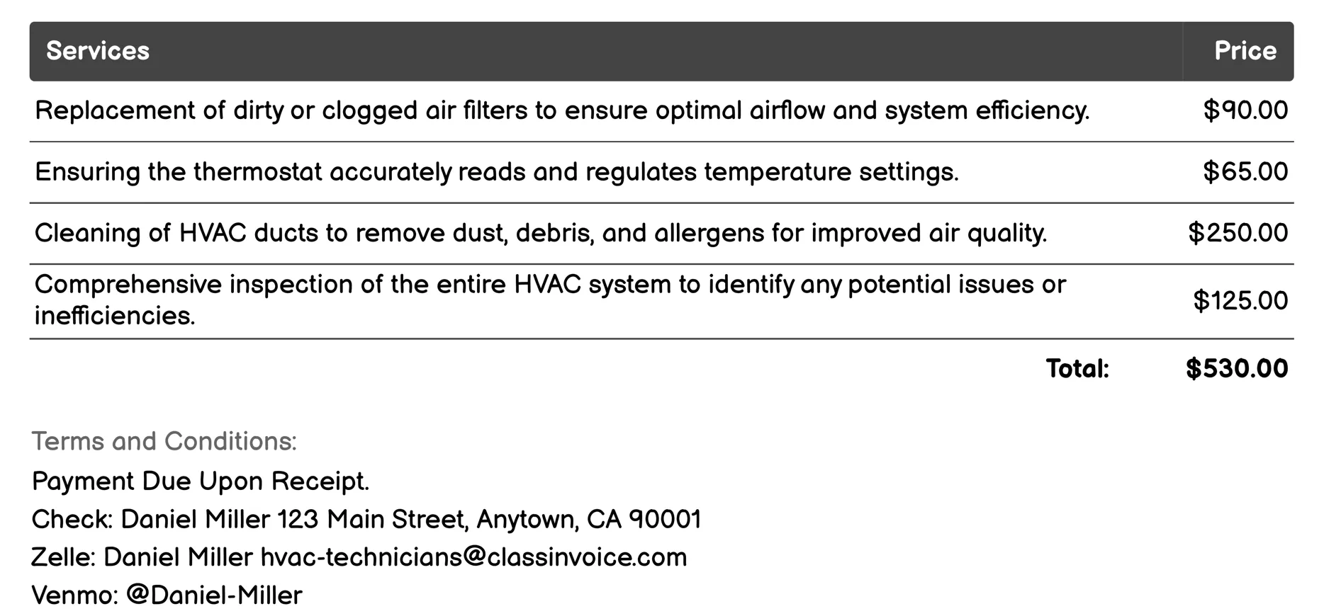Maintenance and Inspection Invoice Example