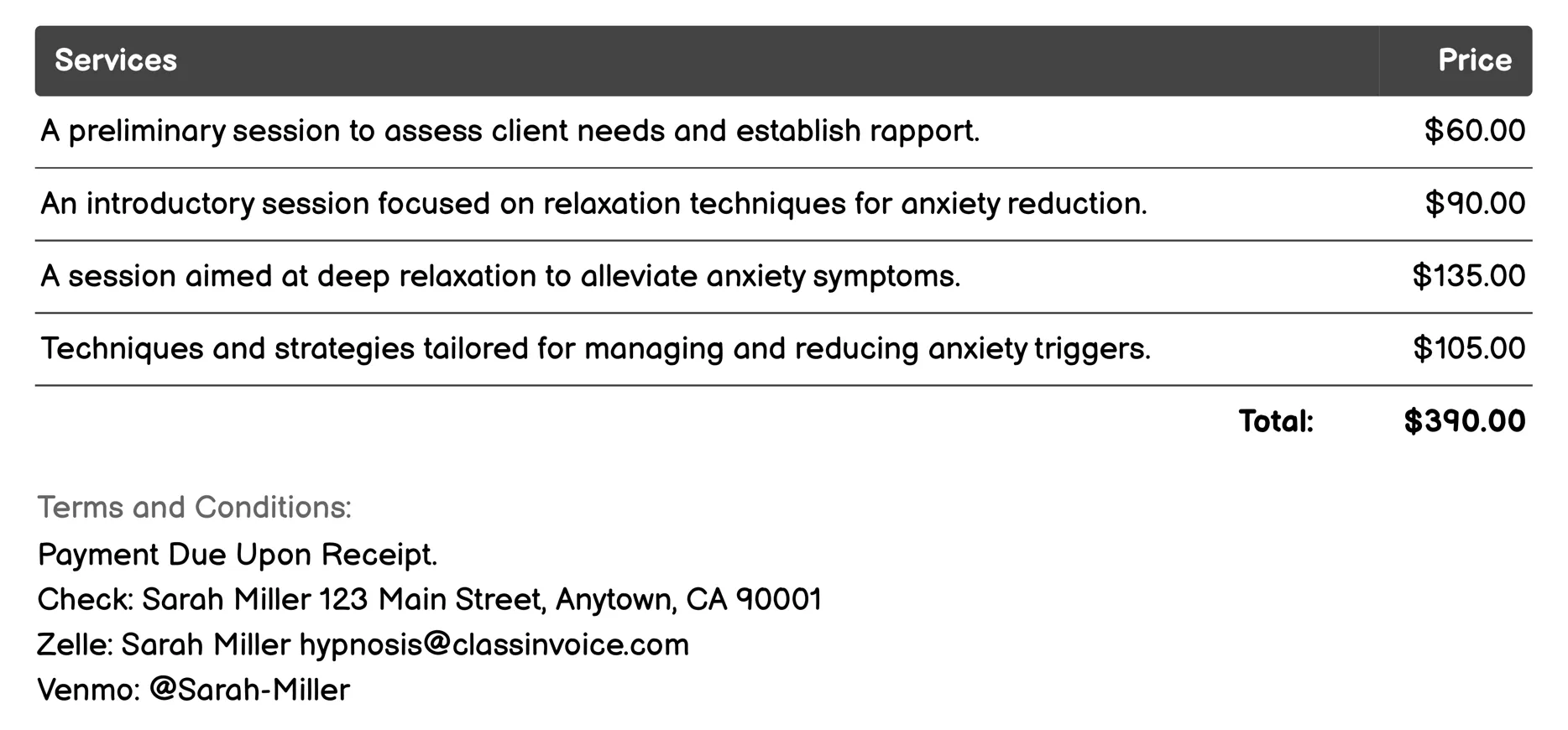 Anxiety Reduction Hypnosis Invoice Example