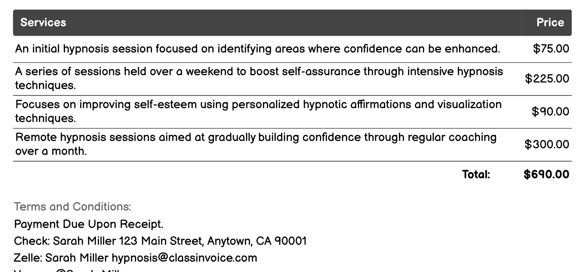Confidence Building Hypnosis Invoice Example