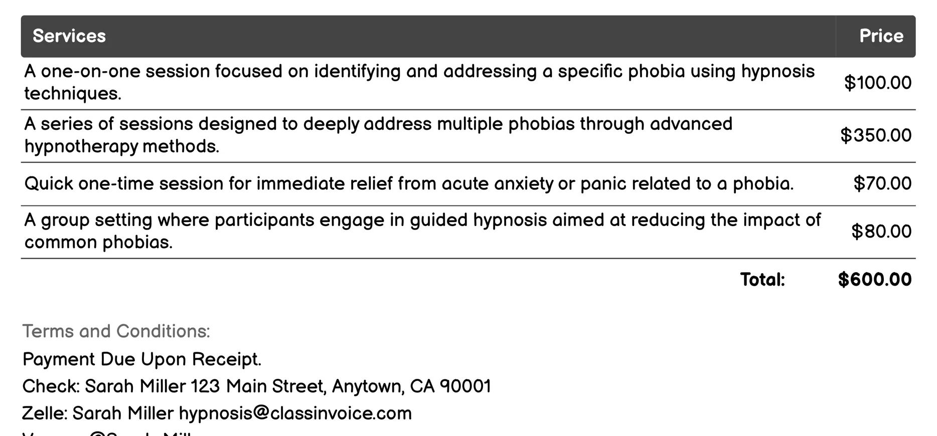 Phobia Treatment Hypnosis Invoice Example