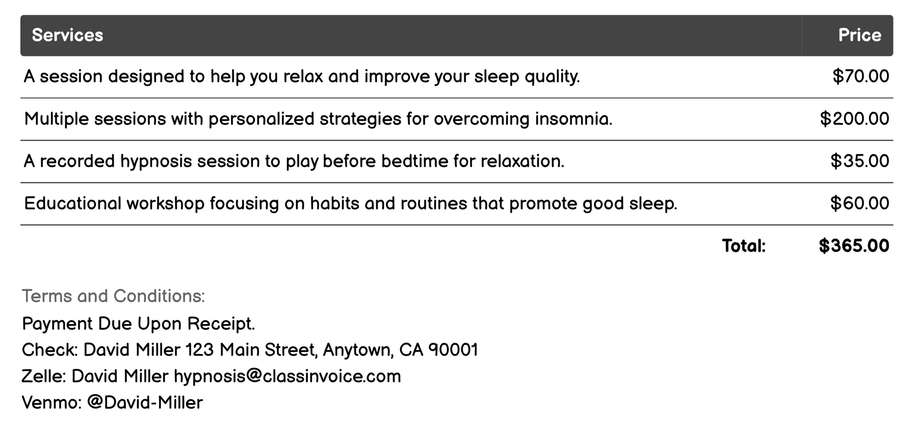 Sleep Improvement Hypnosis Invoice Example