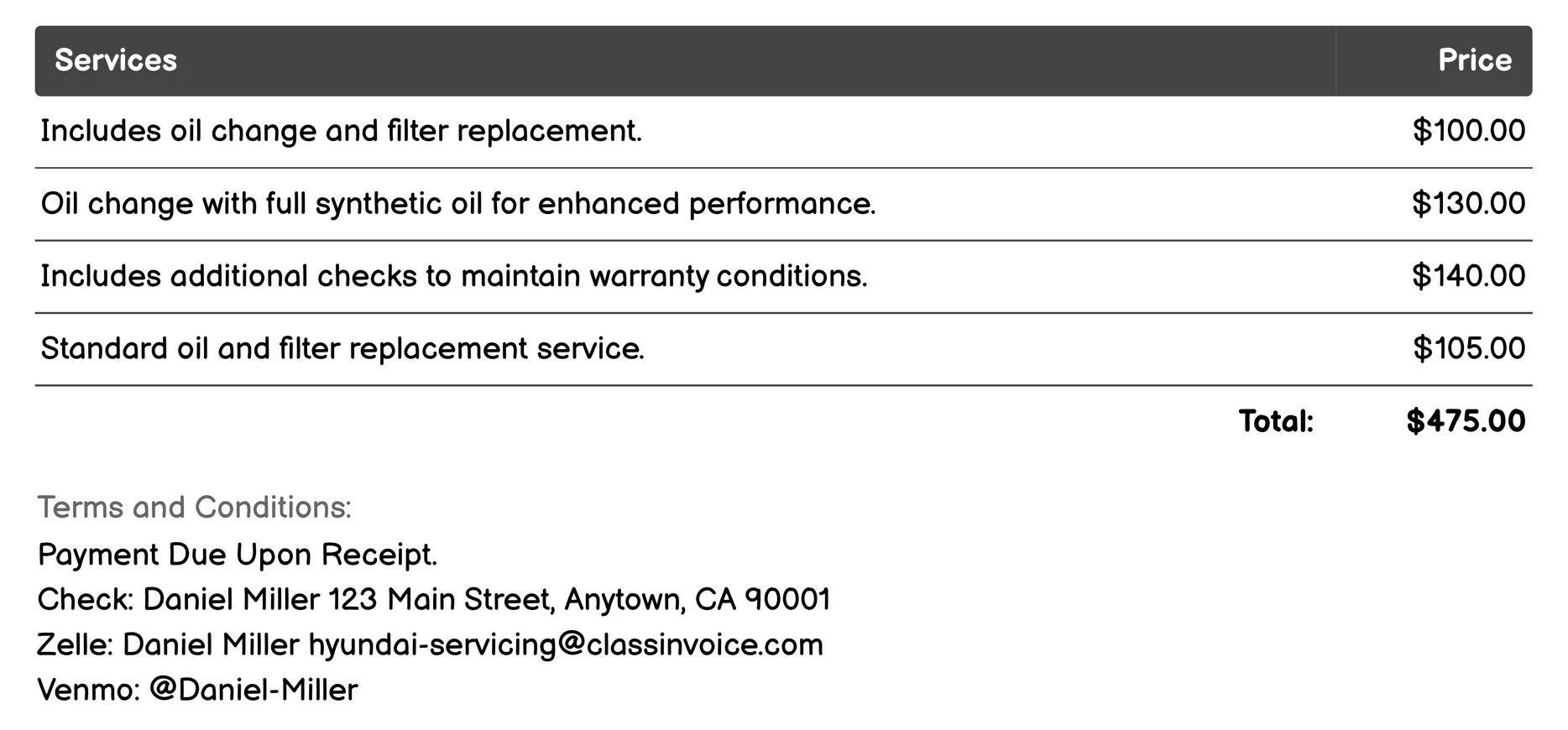 Oil Change Invoice Example