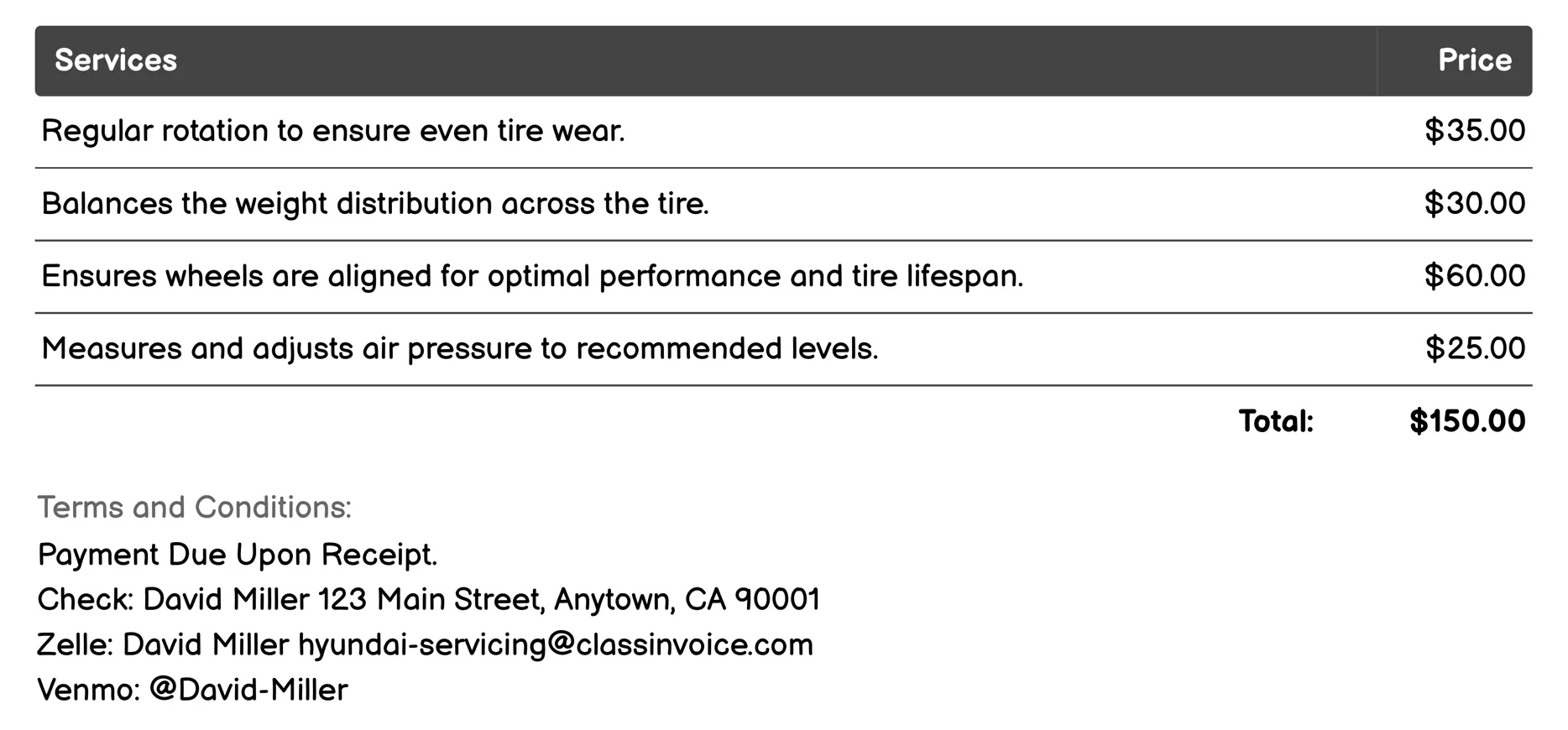 Tire Maintenance Invoice Example