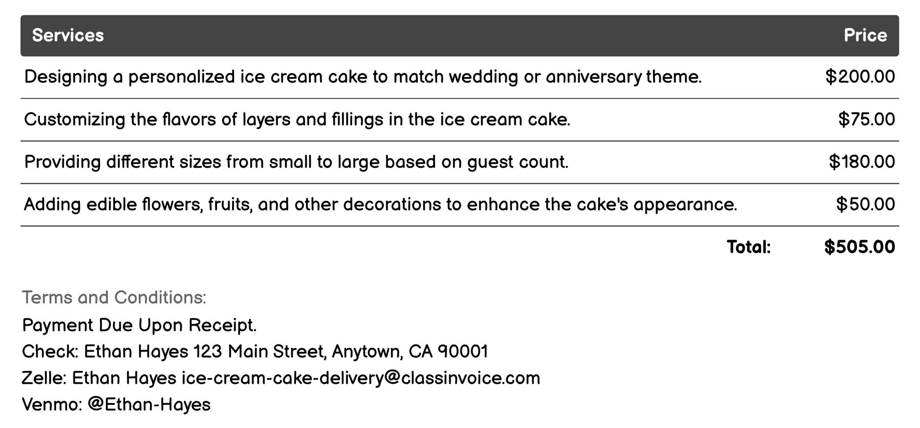 Wedding and Anniversary Celebration Cakes Invoice Example