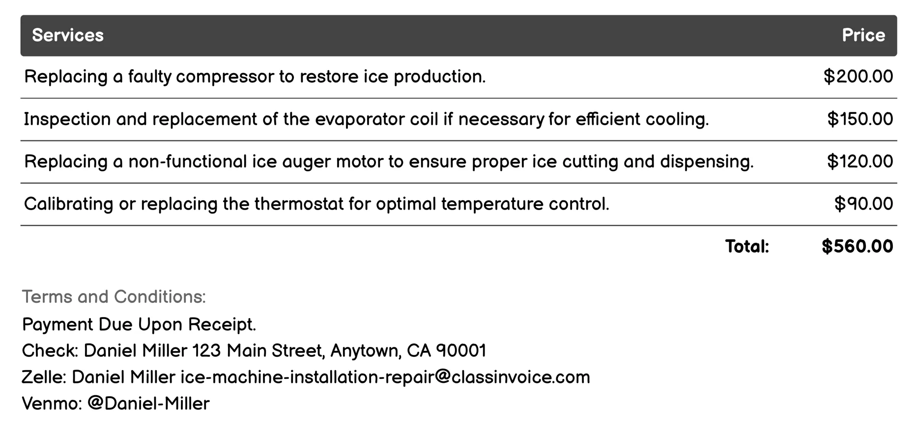 Ice Machine Parts Replacement Invoice Example
