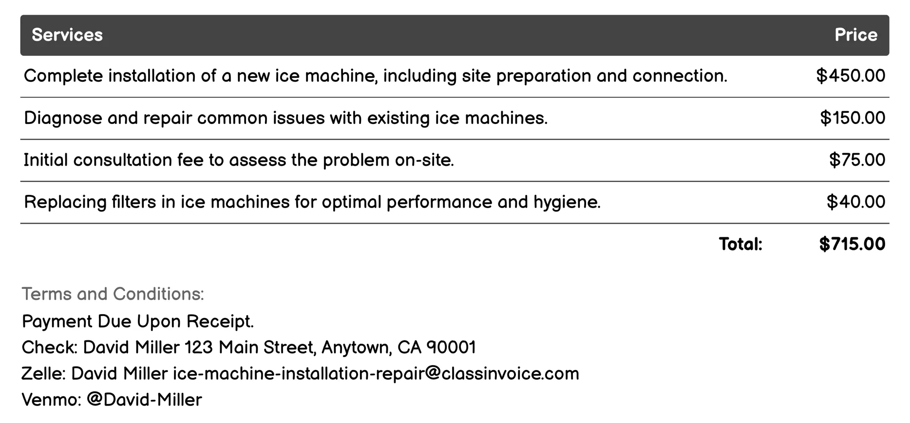 Ice Machine Repair Services Invoice Example