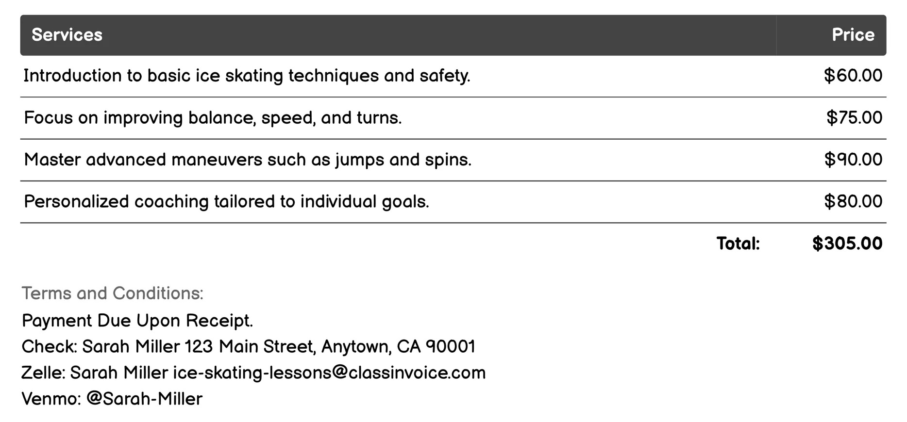 Private Coaching Invoice Example