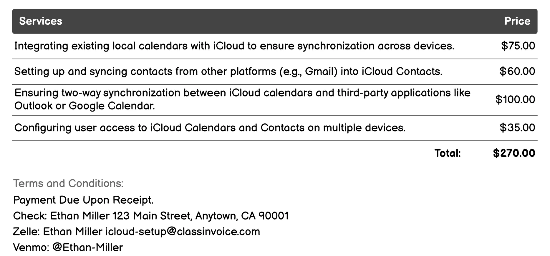 Calendars and Contacts Integration Invoice Example