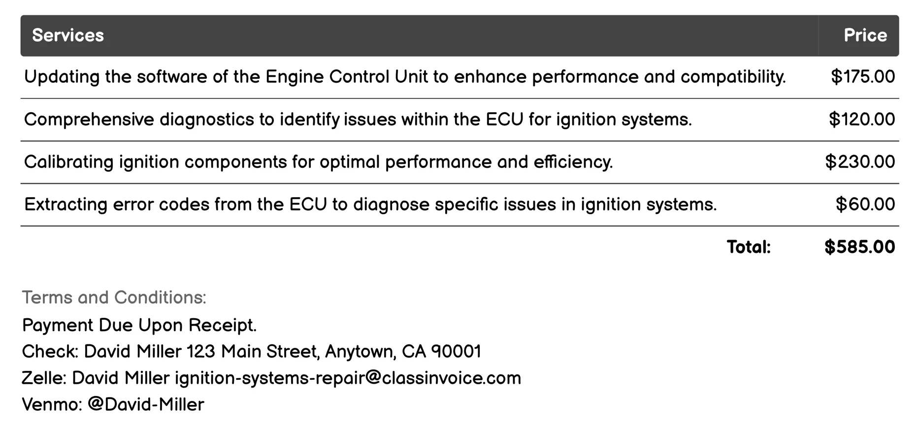 ECU Diagnostics Invoice Example