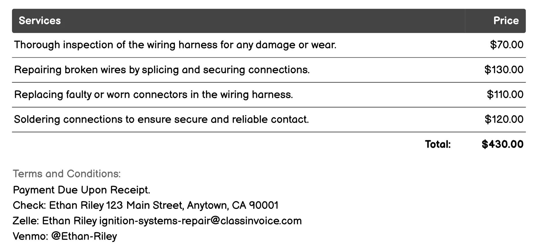 Wiring Harness Repair Invoice Example