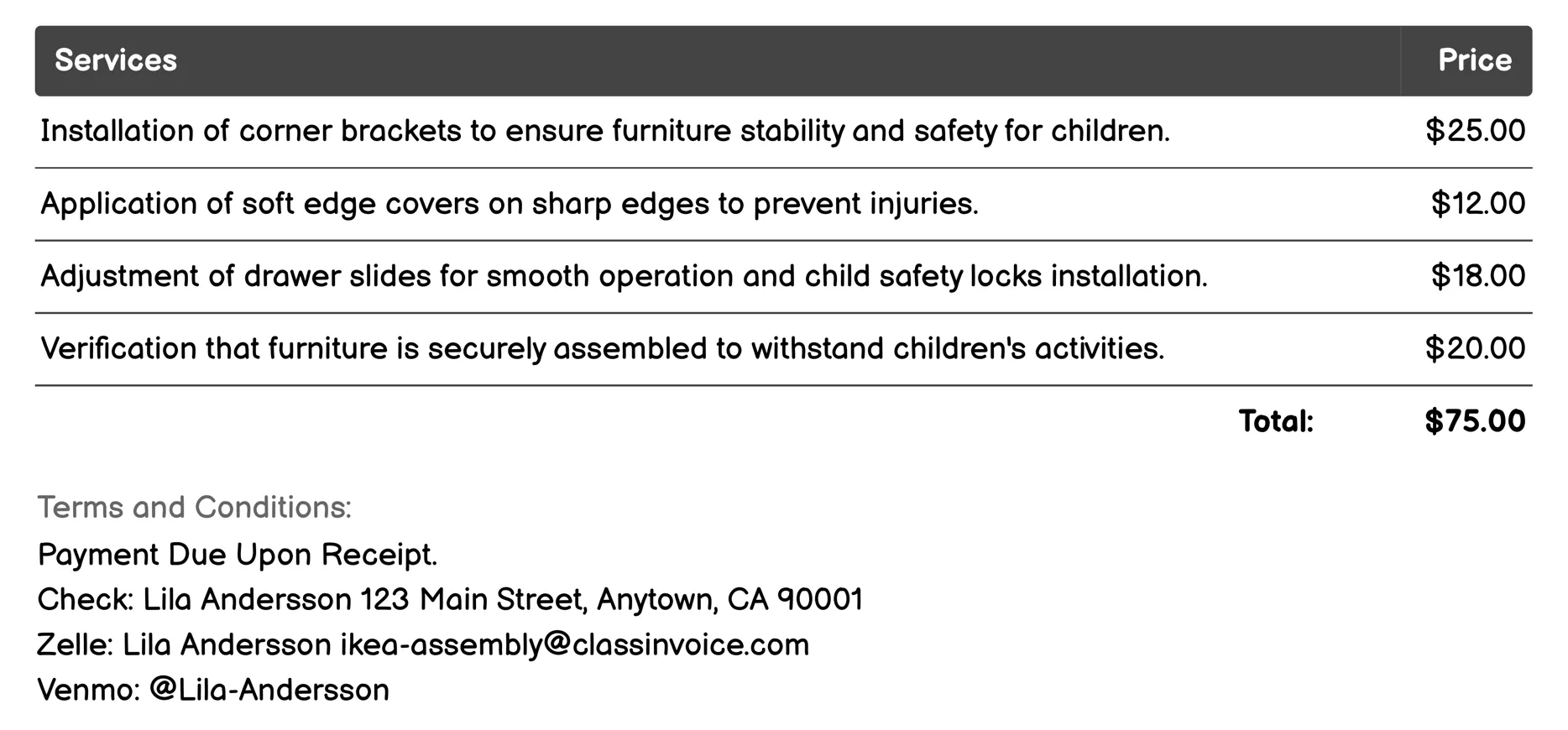 Child-Safe Assembly Invoice Example