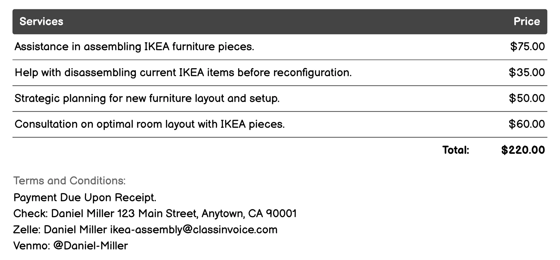 Reconfiguration Assistance Invoice Example