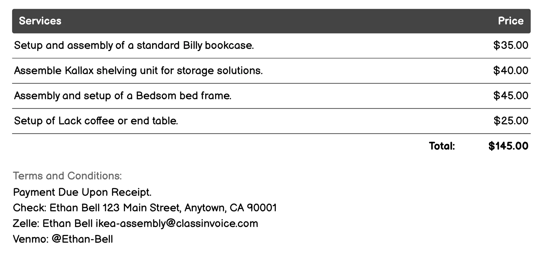 Storage Solution Setup Invoice Example