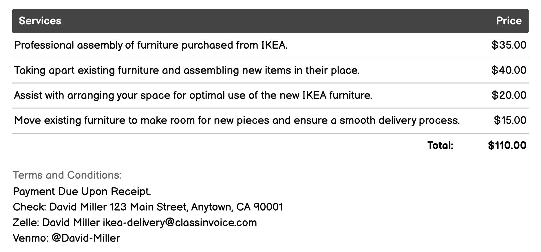 Re-Stocking Service Invoice Example