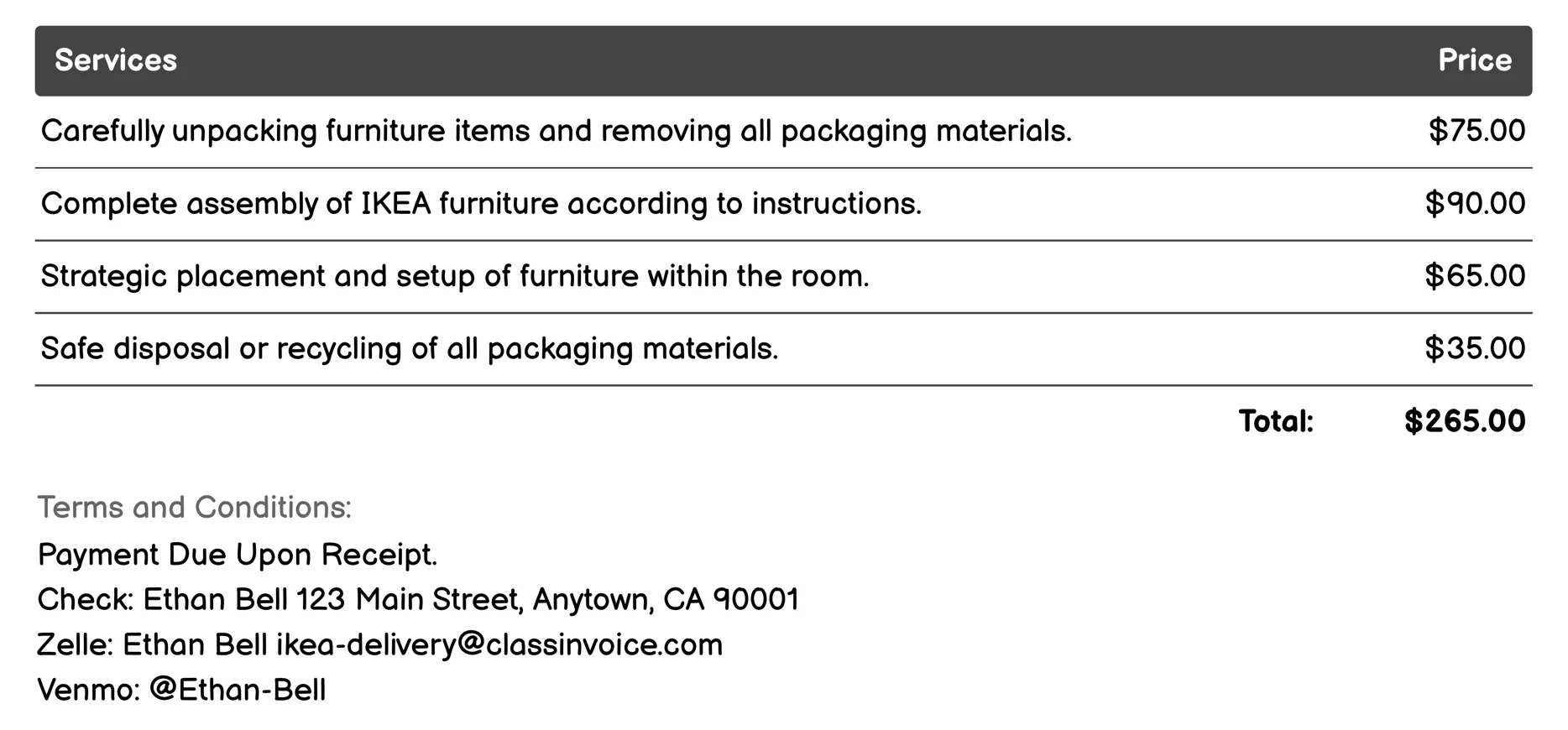 White-Glove Service Invoice Example