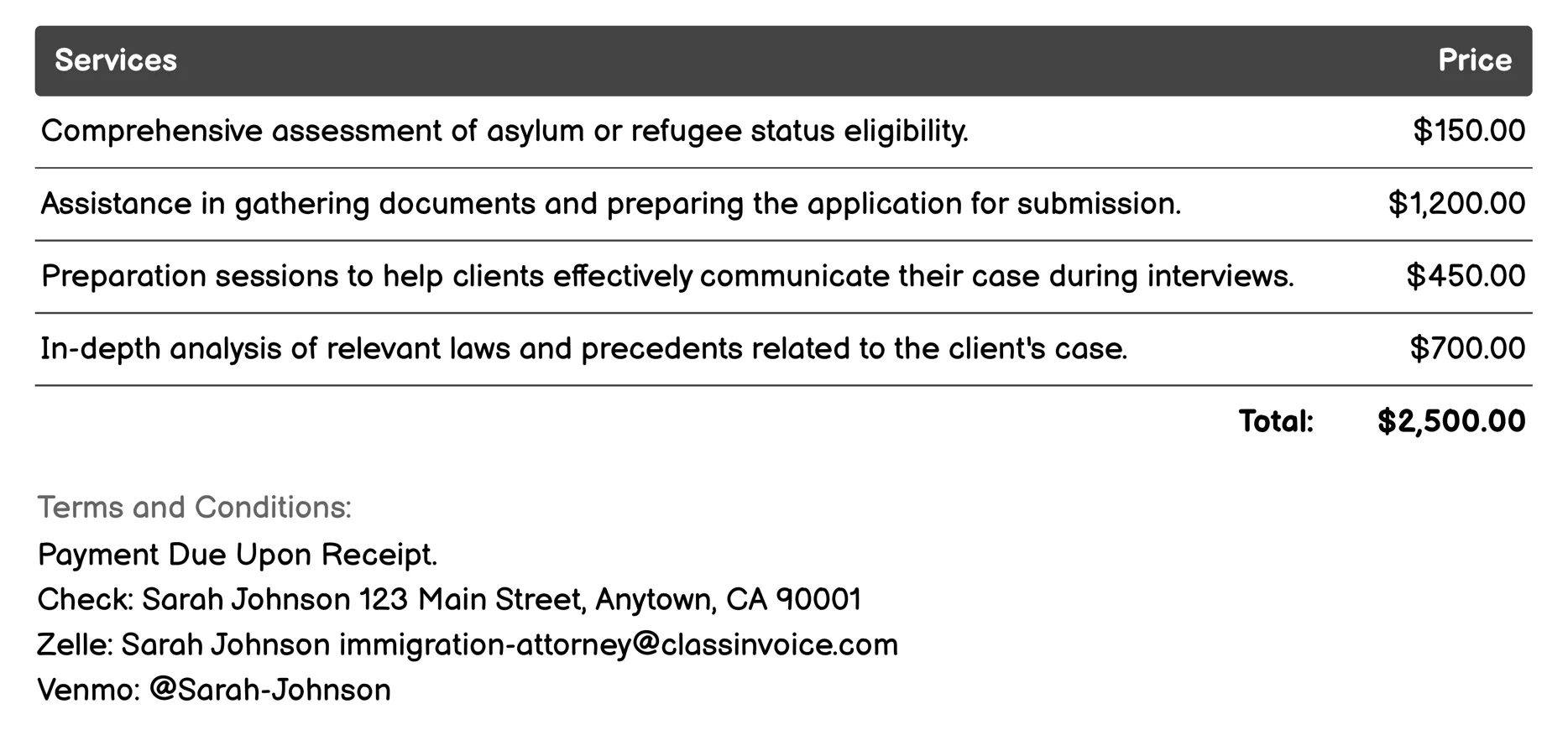 Asylum and Refugee Status Invoice Example