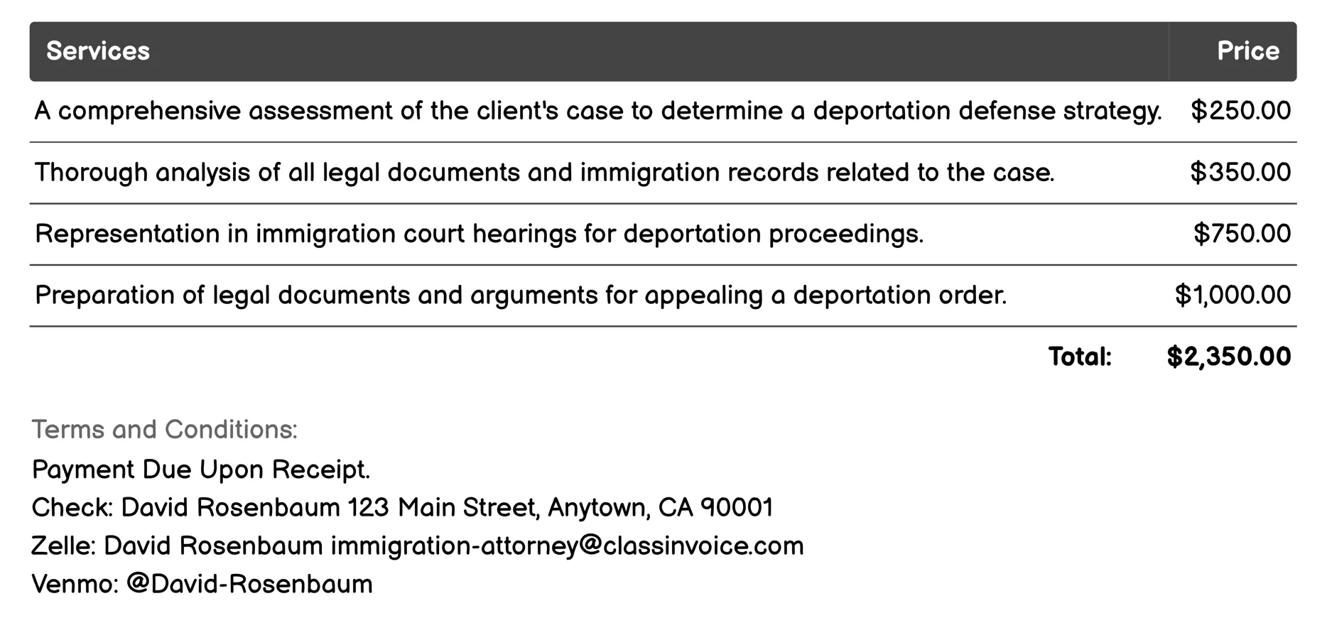 Deportation Defense Invoice Example