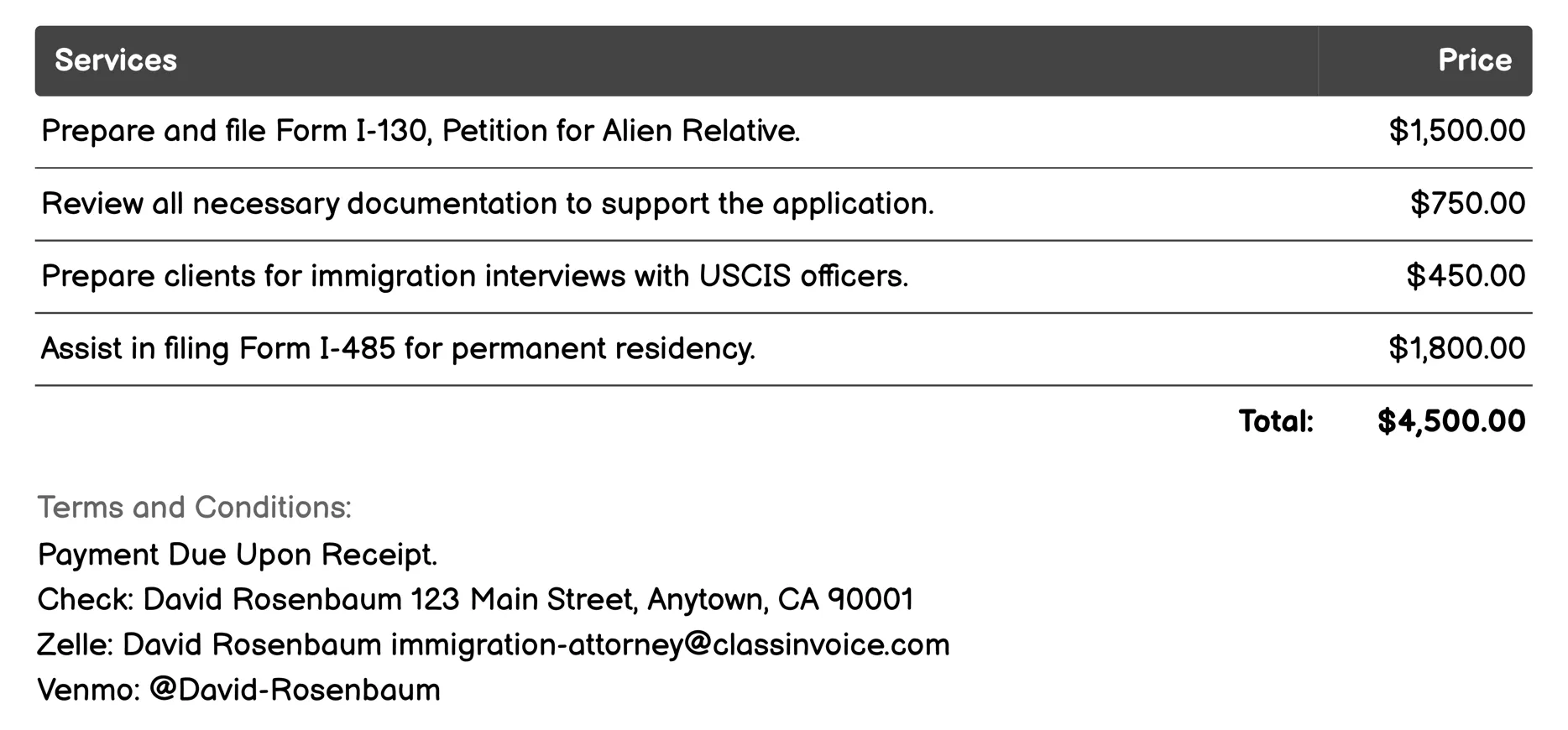 Family-Based Immigration Invoice Example