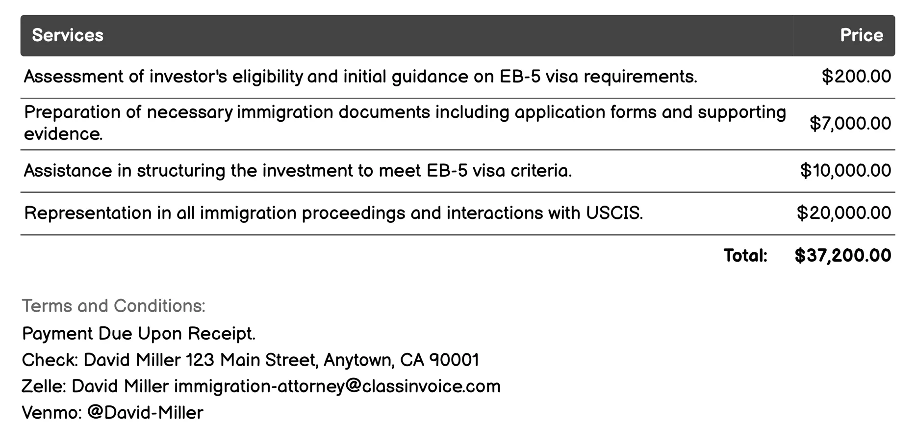 Investor Immigration (EB-5 Visa) Invoice Example