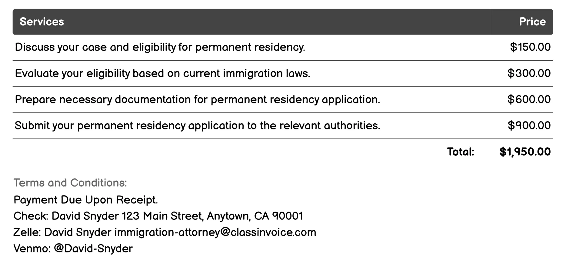 Permanent Residency Invoice Example