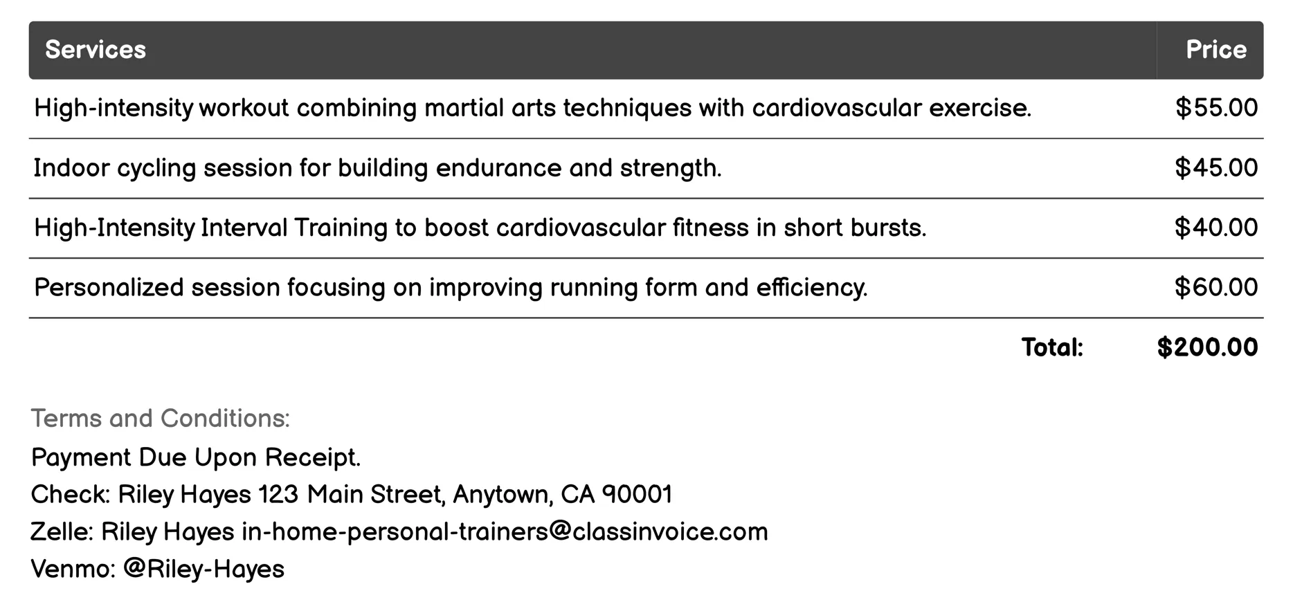 Cardiovascular Fitness Invoice Example