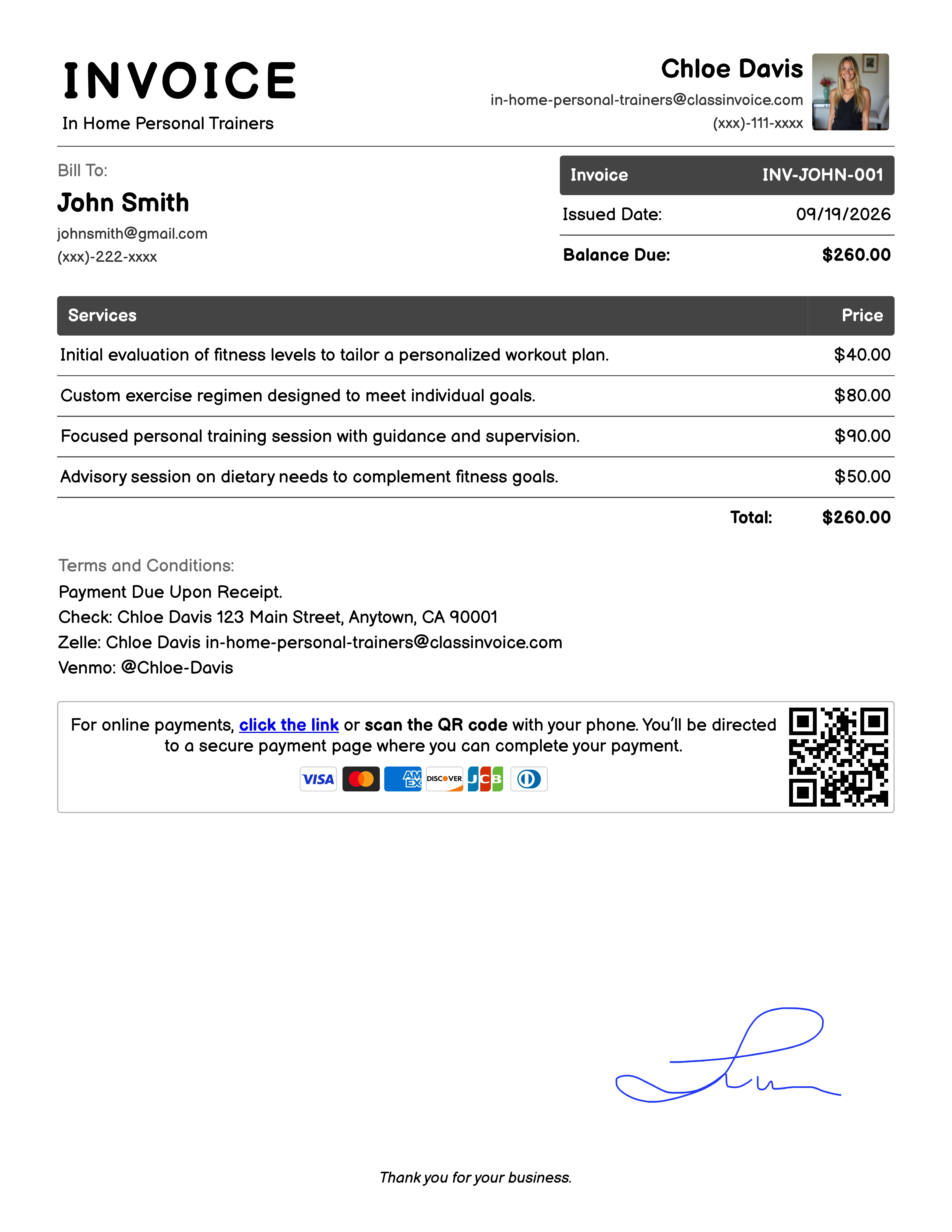 In Home Personal Trainers Invoice Example