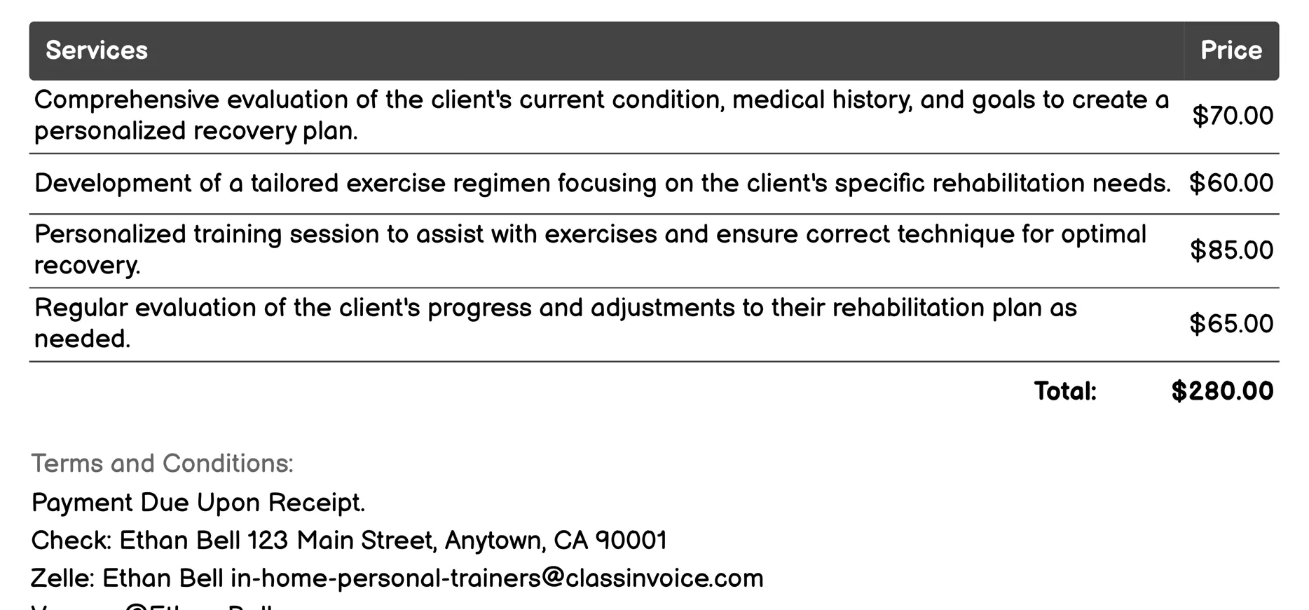 Rehabilitation and Recovery Invoice Example