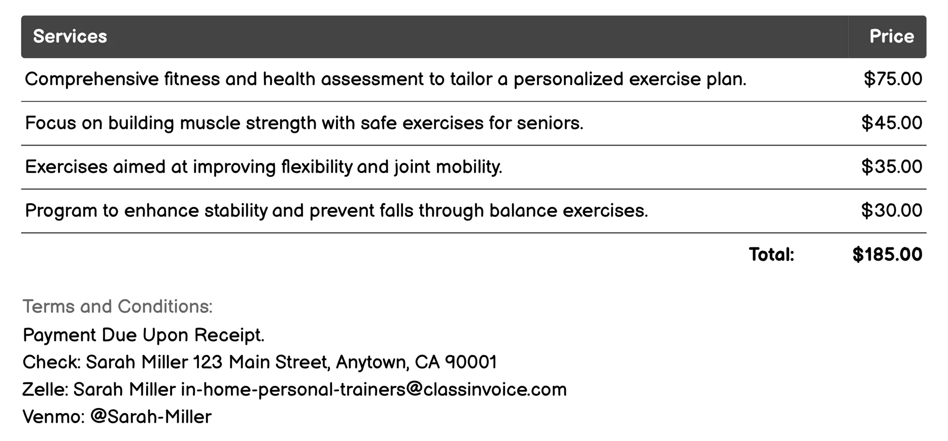Senior Fitness Invoice Example